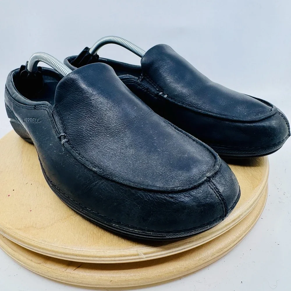 Merrell Leather Loafers Womens 9.5 Black Basso Slip On Moc Toe Comfort Shoes